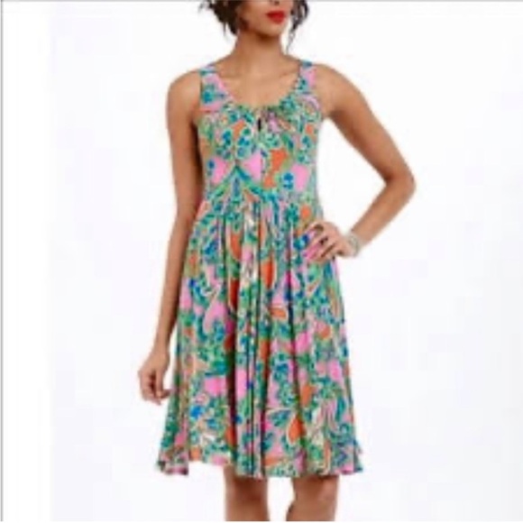 ANTHROPOLOGIE Lilka Seaglass Pink Green Paisley Printed Keyhole Midi Dress Small - Picture 1 of 12